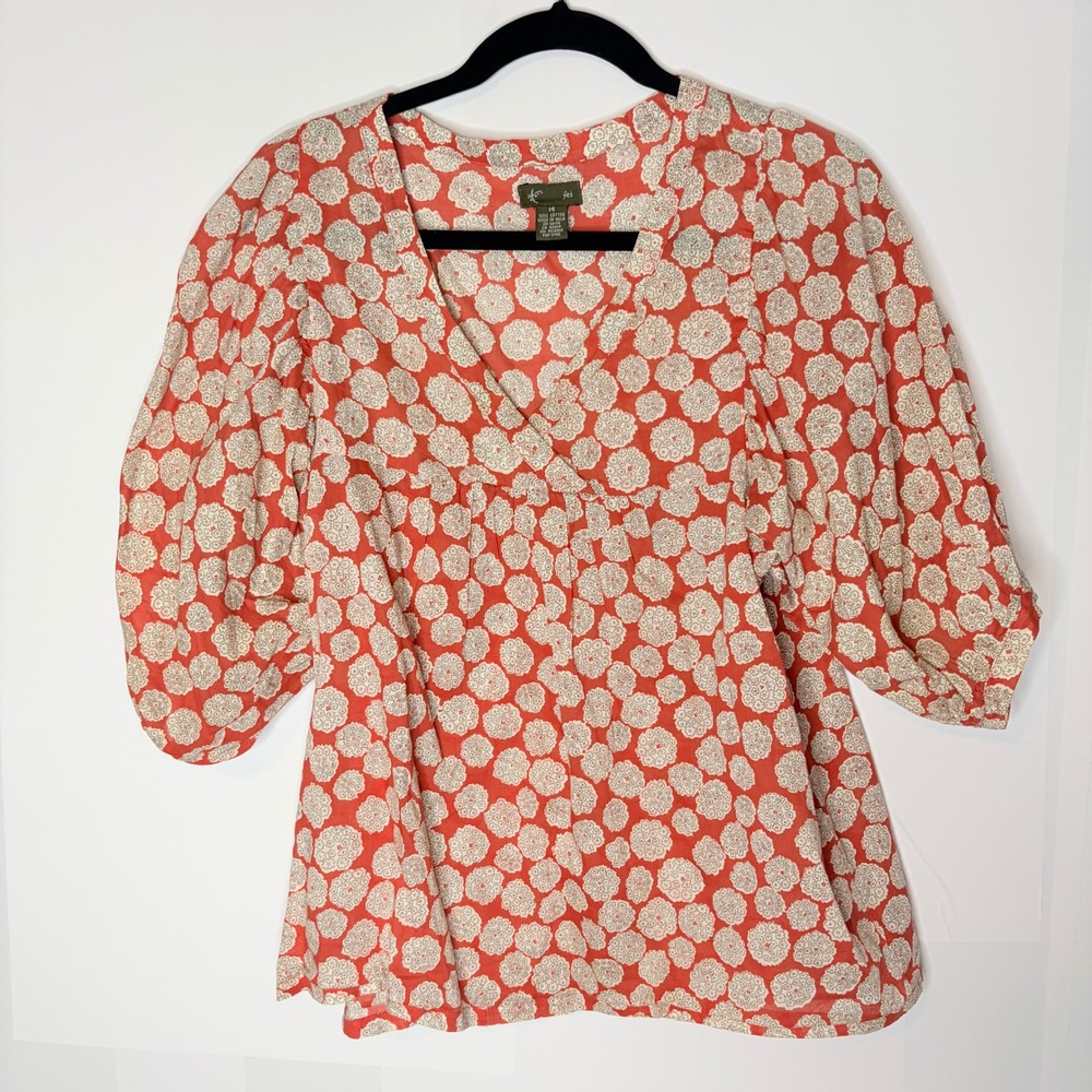 Fei Anthropologie Blouse 14 Boho Orange Floral Puff Sleeve V-Neck Cotton Top